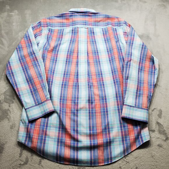 Orvis Button Down Dress Plaid Shirt Wrinkle Free Salmon Dark Blue White Men Sz M - Picture 2 of 10
